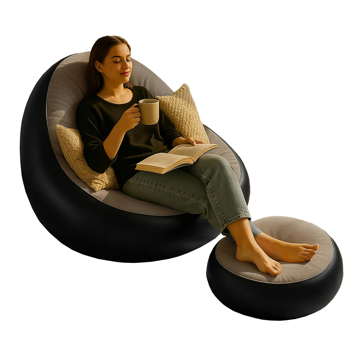 Inflatable Lounge Chair with Air Pump & Footrest (Beige & Black)