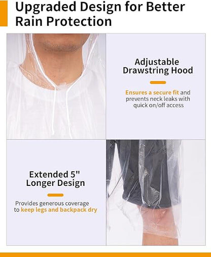 Ultra-Lightweight & Extra Long Disposable Emergency Rain Ponchos for Adults and Kids
