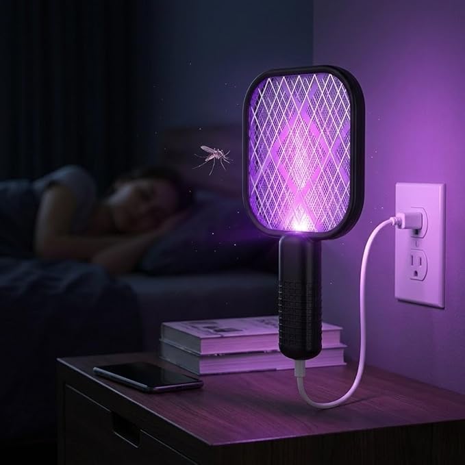 USB Mosquito Swatter & Bug Zapper Racket with UV Purple Light Trap – Dual Mode Electric Fly Killer | Indoor/Outdoor Use | Car, Bedroom, Camping | 5V USB Powered | High-Density Power Grid | 1W