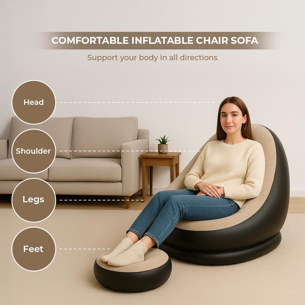 Inflatable Lounge Chair with Air Pump & Footrest (Beige & Black)