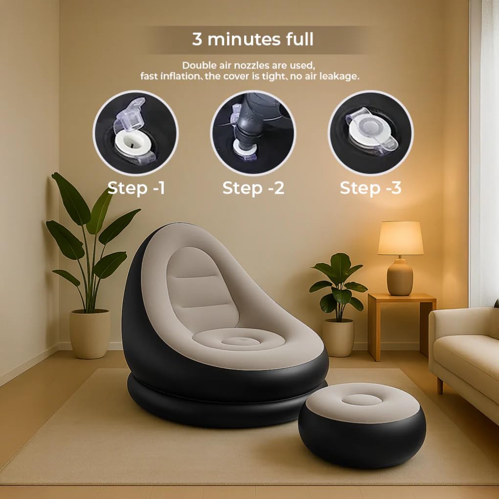 Inflatable Lounge Chair with Air Pump & Footrest (Beige & Black)