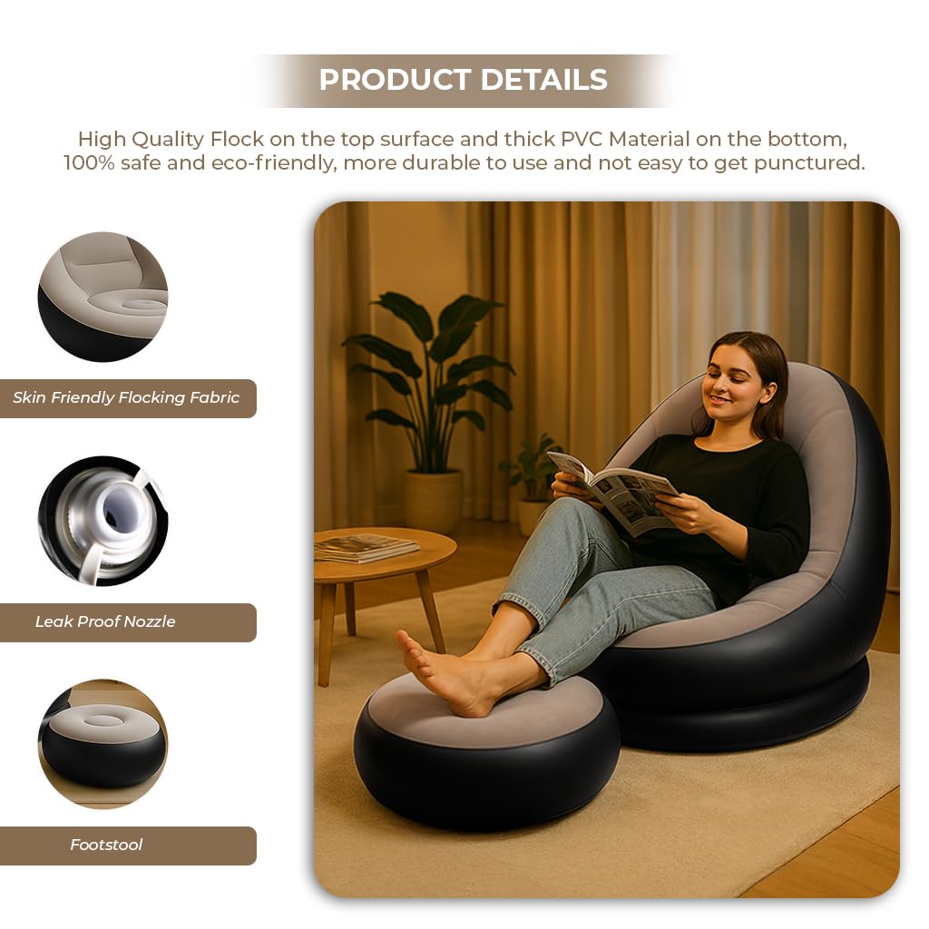 Inflatable Lounge Chair with Air Pump & Footrest (Beige & Black)