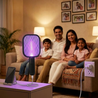 USB Mosquito Swatter & Bug Zapper Racket with UV Purple Light Trap – Dual Mode Electric Fly Killer | Indoor/Outdoor Use | Car, Bedroom, Camping | 5V USB Powered | High-Density Power Grid | 1W