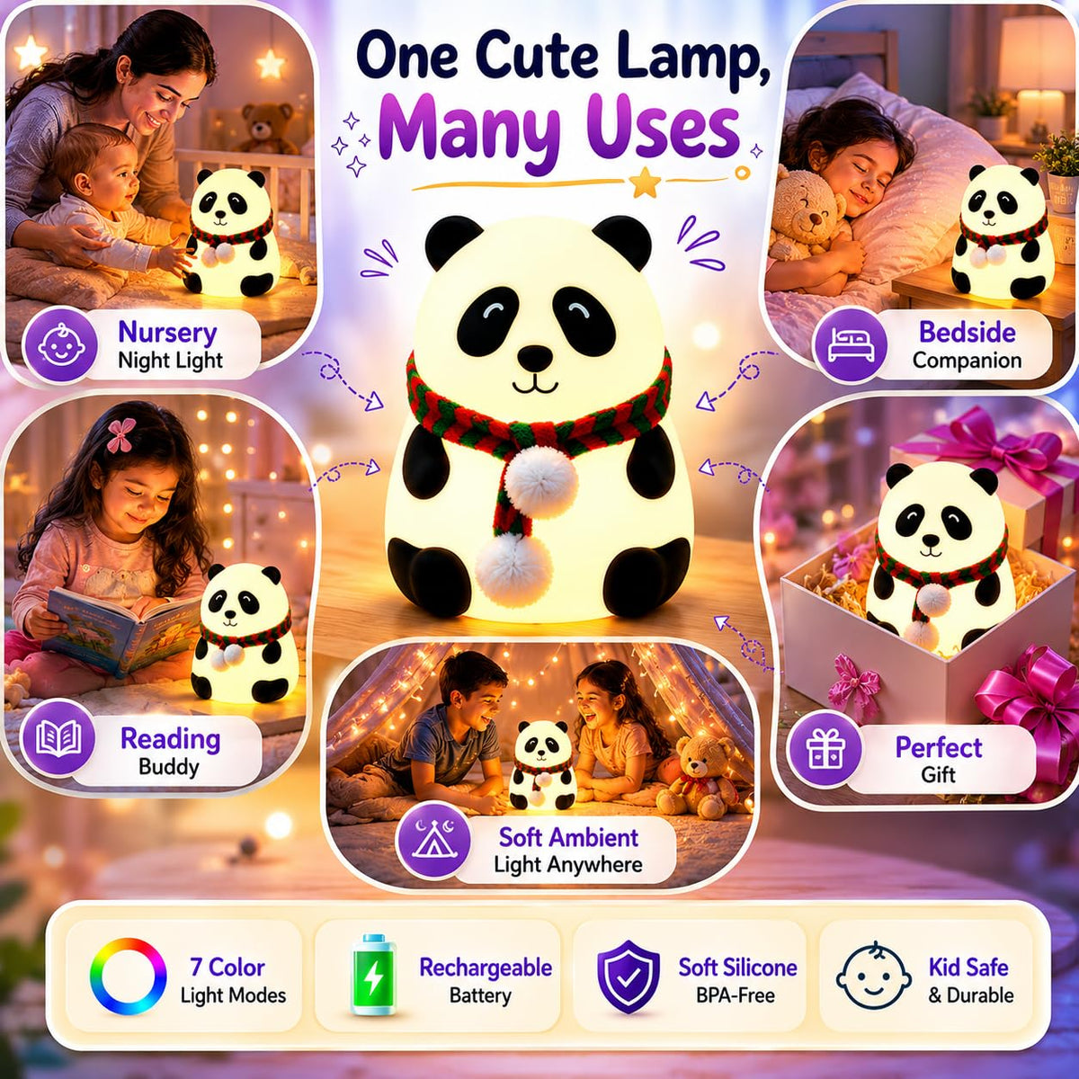7-Color LED Panda Bedside Lamp