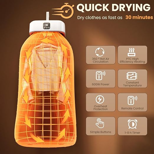 Electric Clothes Dryer Machine with Hot Air Drying | Portable Fast-Drying Laundry Dryer with Adjustable Timer | Foldable Garment Drying Rack | Low Noise & Energy Saving | Ideal for Apartment, Travel, RV & Small Spaces
