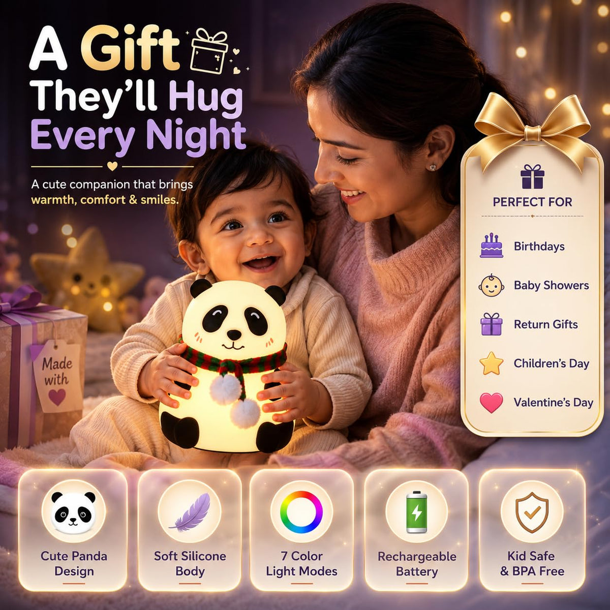 7-Color LED Panda Bedside Lamp