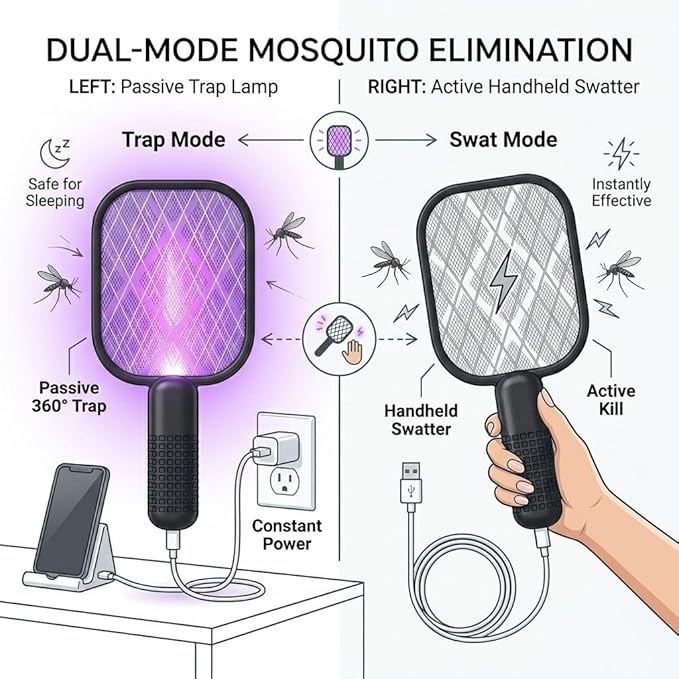 USB Mosquito Swatter & Bug Zapper Racket with UV Purple Light Trap – Dual Mode Electric Fly Killer | Indoor/Outdoor Use | Car, Bedroom, Camping | 5V USB Powered | High-Density Power Grid | 1W