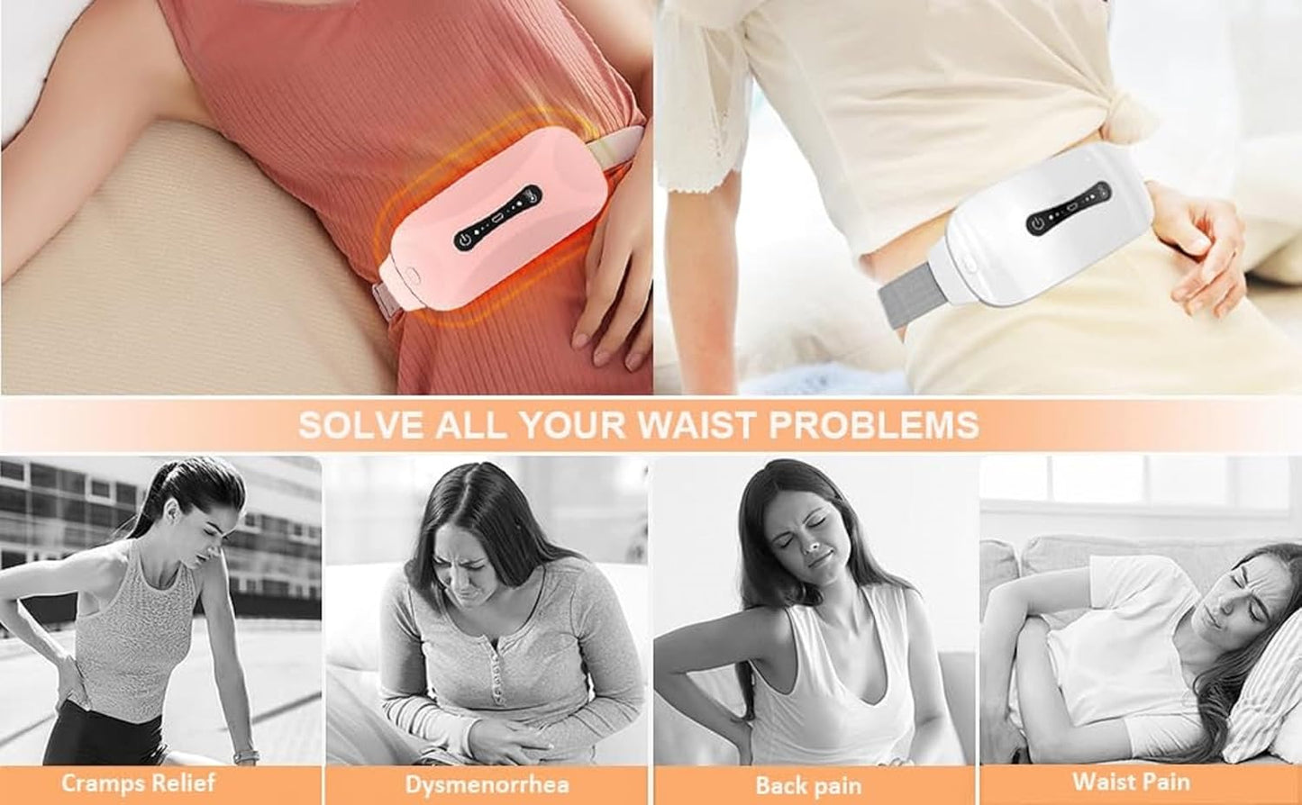 Period Cramp Relief Heating Pad Massager – Portable Cordless with 3 Heat & 4 Massage Modes | Large LED Display, Rechargeable Battery, 60"+ Adjustable Belt | Back & Stomach Pain Relief for Women