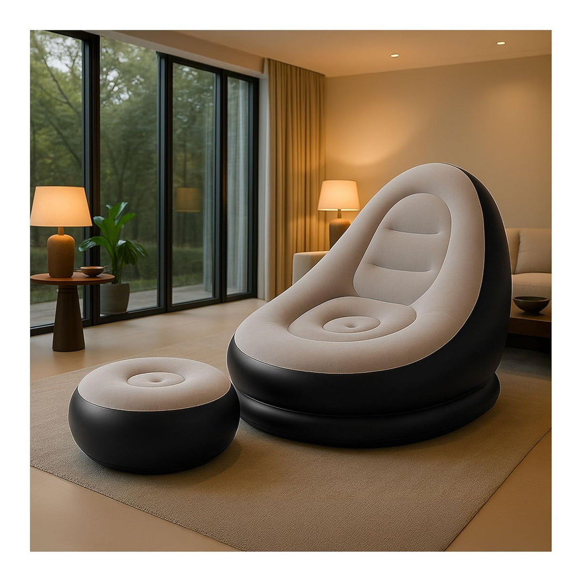 Inflatable Lounge Chair with Air Pump & Footrest (Beige & Black)