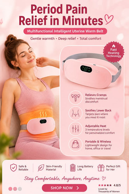Period Cramp Relief Heating Pad Massager – Portable Cordless with 3 Heat & 4 Massage Modes | Large LED Display, Rechargeable Battery, 60"+ Adjustable Belt | Back & Stomach Pain Relief for Women