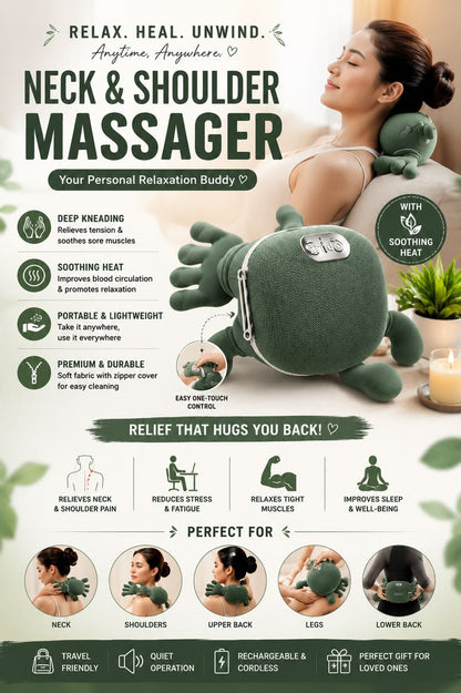 Wireless Neck & Shoulder Massager with Heat - Electric Shiastu Back Massager for Cervical Pain Relief, Portable Deep Tissue Body Massager