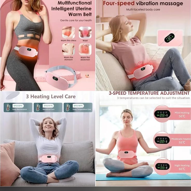 Period Cramp Relief Heating Pad Massager – Portable Cordless with 3 Heat & 4 Massage Modes | Large LED Display, Rechargeable Battery, 60"+ Adjustable Belt | Back & Stomach Pain Relief for Women
